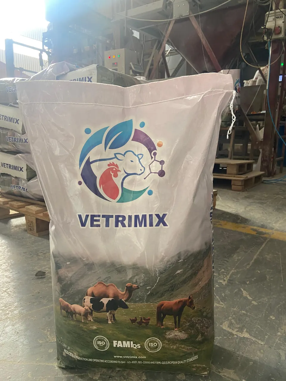 Filled bag in front of the bagging hopper